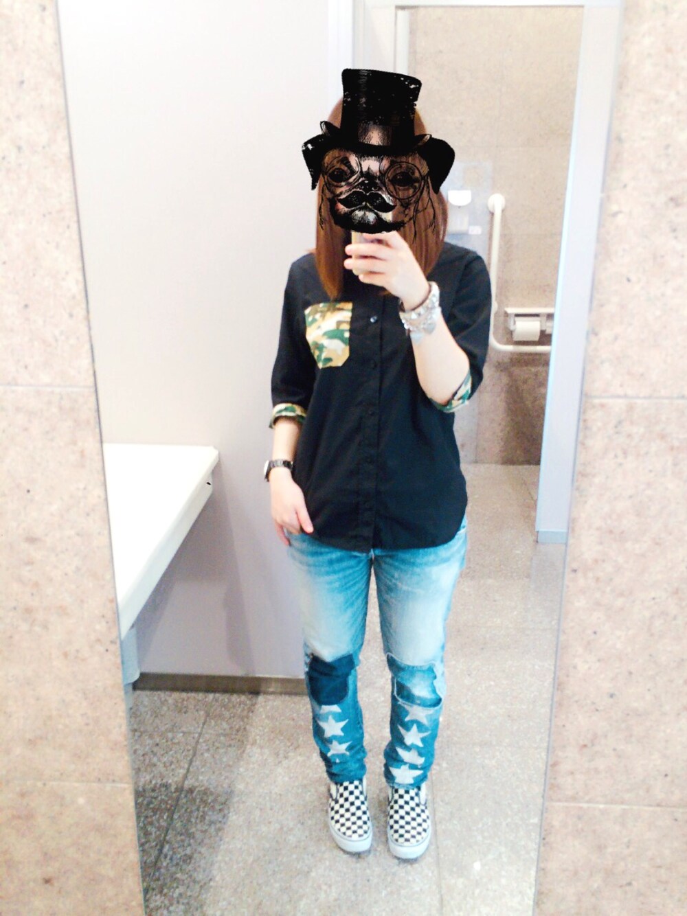 「X-girlのCAMO SHIRT（シャツ/ブラウス、ブラック系）」を使った、ゆかん★＠Lv.99さん（レディース・153cm）の夏コーディネートの1枚目の写真