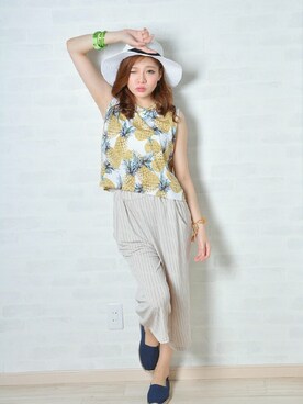 「shopnikoniko」｜「アイテム（帽子）」を使った、藤田よしみさん（レディース・151cm）の夏コーディネート