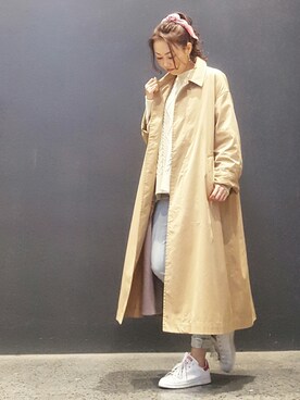 「バンダナ」｜「アイテム（ステンカラーコート）」を使った、nanaさん（レディース・160cm）の春コーディネート