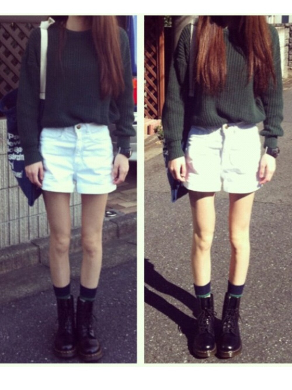 「American Apparel、Dr.Martens」｜「American Apparelのブルデニムウォーバンシティストラップバッグ（トートバッグ、ブルー系）」を使った、tknさん（レディース・156cm）の春コーディネートの1枚目の写真