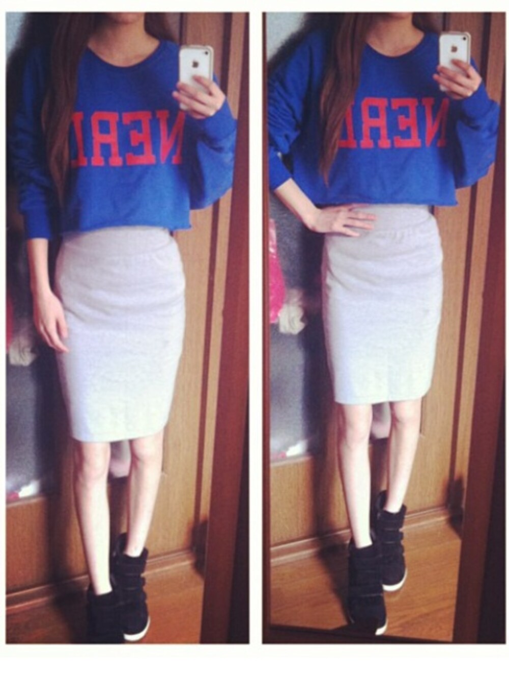 「TOPSHOP、American Apparel、ひざ丈スカート、スウエットスカート」｜「TOPSHOPのNERD CROP SWEAT     （スウェット、ブルー系）」を使った、tknさん（レディース・156cm）の春コーディネートの1枚目の写真