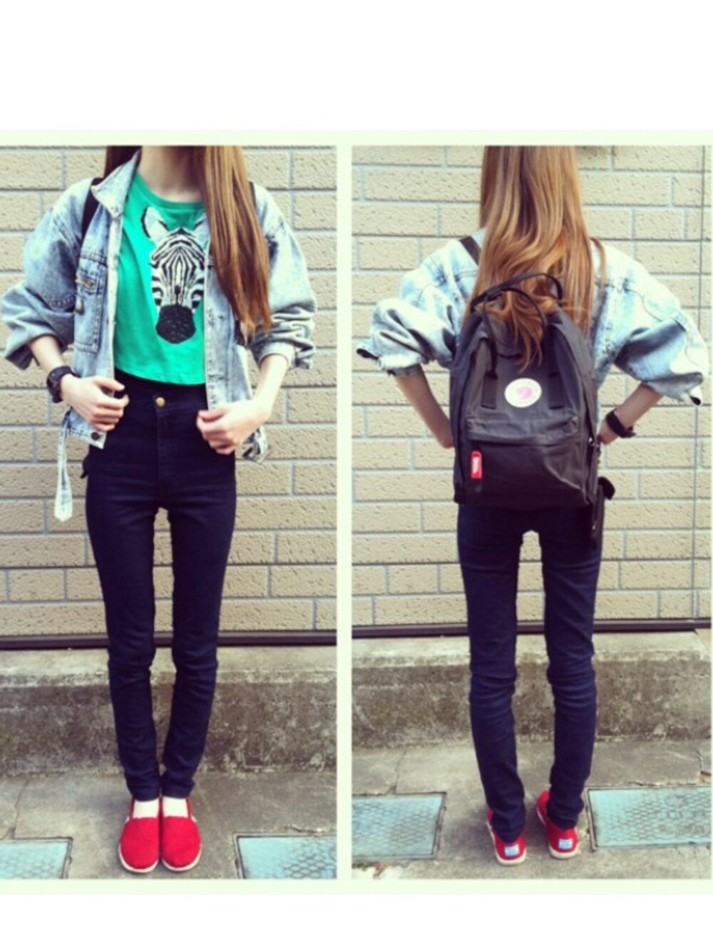 「American Apparel、toms、TOP SHOP」｜「TOPSHOPのEMBROIDERED ZEBRA CROP TOP（Tシャツ/カットソー、グリーン系）」を使った、tknさん（レディース・156cm）の春コーディネートの1枚目の写真