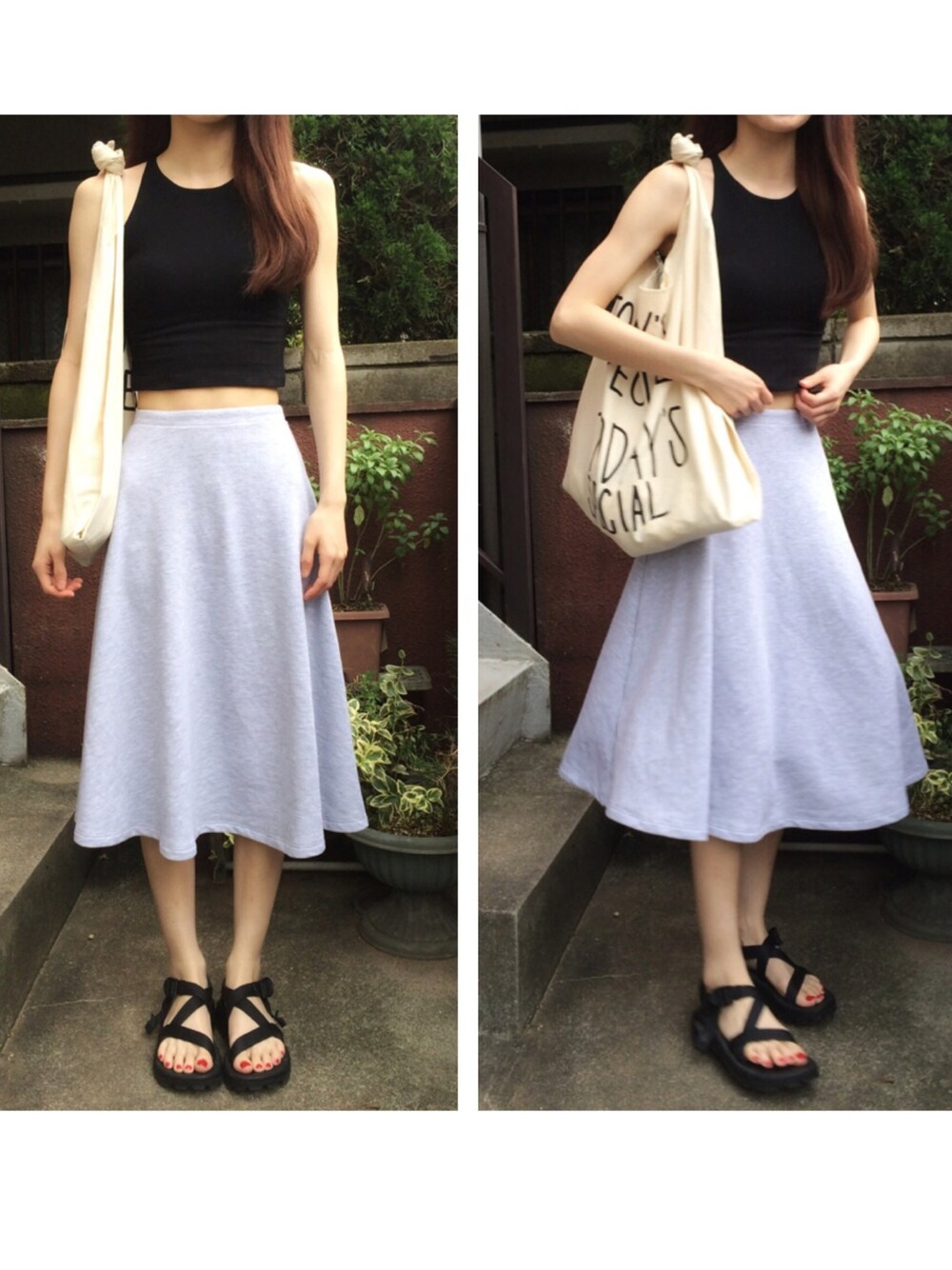 「American Apparel、アメアパ、chaco、Today's special、スウェットスカート」｜「ChacoのCHACO(チャコ)  Z1 UNAWEEP Women's  (554)（サンダル、ブラック系）」を使った、tknさん（レディース・156cm）の夏コーディネートの1枚目の写真