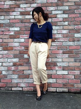 「アイテム（Tシャツ/カットソー、ブルー系）」を使った、大類美佑さん（レディース・153cm）の夏コーディネート