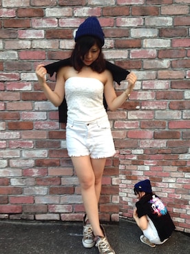 「アイテム（その他パンツ、ホワイト系）」を使った、大類美佑さん（レディース・153cm）の夏コーディネート