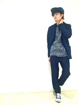 「1sin（イッシン）のアイテム（キャップ）」を使った、KOU SUEMATSUさん（メンズ・172cm）の冬コーディネート