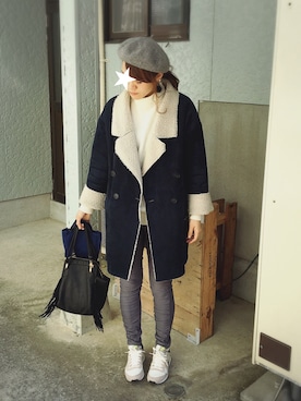 「オーバーサイズコート」｜「アイテム（ハンチング/ベレー帽）」を使った、lulumipaさん（レディース・160cm）の冬コーディネート