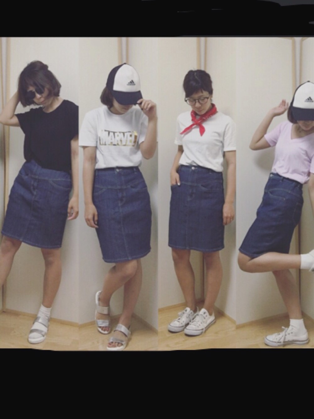 シルバー系のサンダル、ホワイト系のスニーカー、ホワイト系のTシャツ/カットソーを着用したレディースの春コーディネートの1枚目の写真