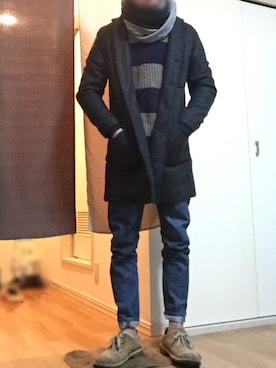 「no brand（ノーブランド）のアイテム（ストール/ショール、ブラック系）」を使った、コタロウさん（メンズ）の冬コーディネート