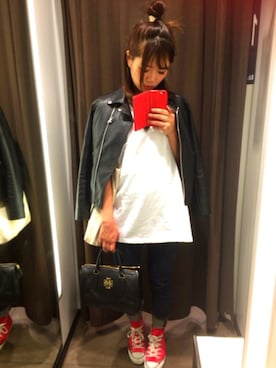 「スリット」｜「アイテム（ライダースジャケット）」を使った、CHIHARUさん（レディース・158cm）の春コーディネート