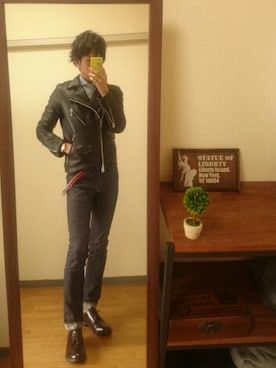 「シャツイン」｜「アイテム（ライダースジャケット）」を使った、syuhiroさん（メンズ・175cm）の秋コーディネート