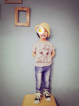 「アイテム（デニムパンツ）」を使った、フェリシモキッズさん（キッズ・100cm）の冬コーディネート