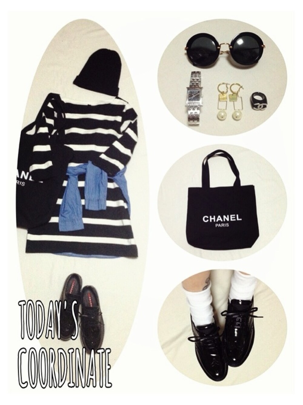 「UNIQLO、chanel、PRADA、ボーダー、ボーダーワンピース、ニット帽、ワンピース×デニム、ワンピース、デニムシャツ、デニム」｜「UNIQLOのアイテム（ワンピース、ホワイト系）」を使った、peeweeさん（レディース・149cm）の秋コーディネートの1枚目の写真