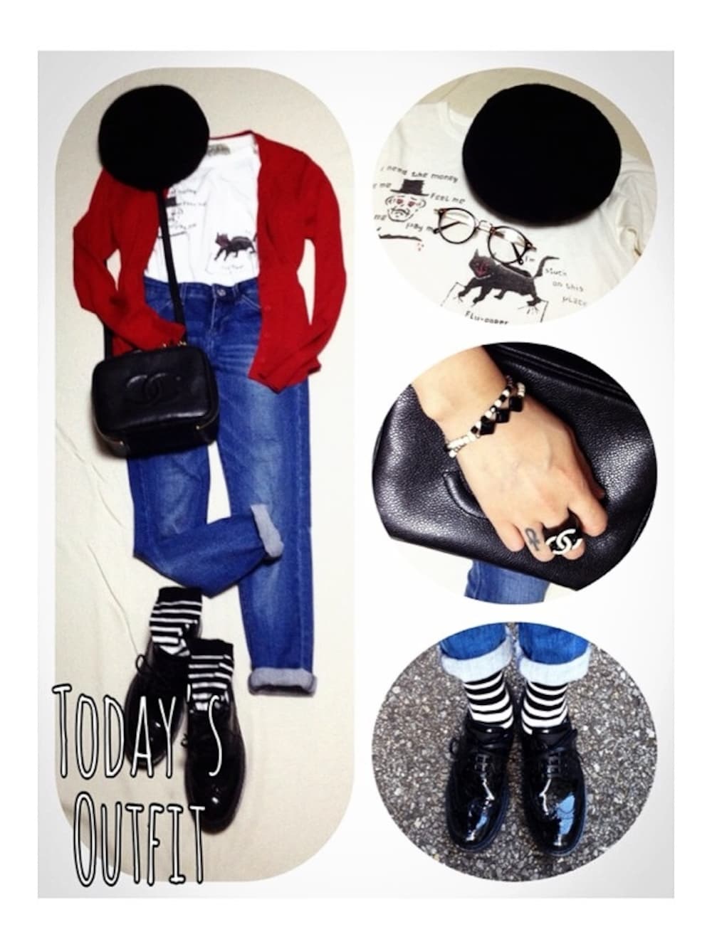「ベレー帽、めがね、デニム、靴下、赤いカーディガン、デニムパンツ、UNIQLO、メンズTシャツ。、vintageCHANEL、PRADA」｜「NORTH NO NAMEのアイテム（Tシャツ/カットソー、ホワイト系）」を使った、peeweeさん（レディース・149cm）の秋コーディネートの1枚目の写真