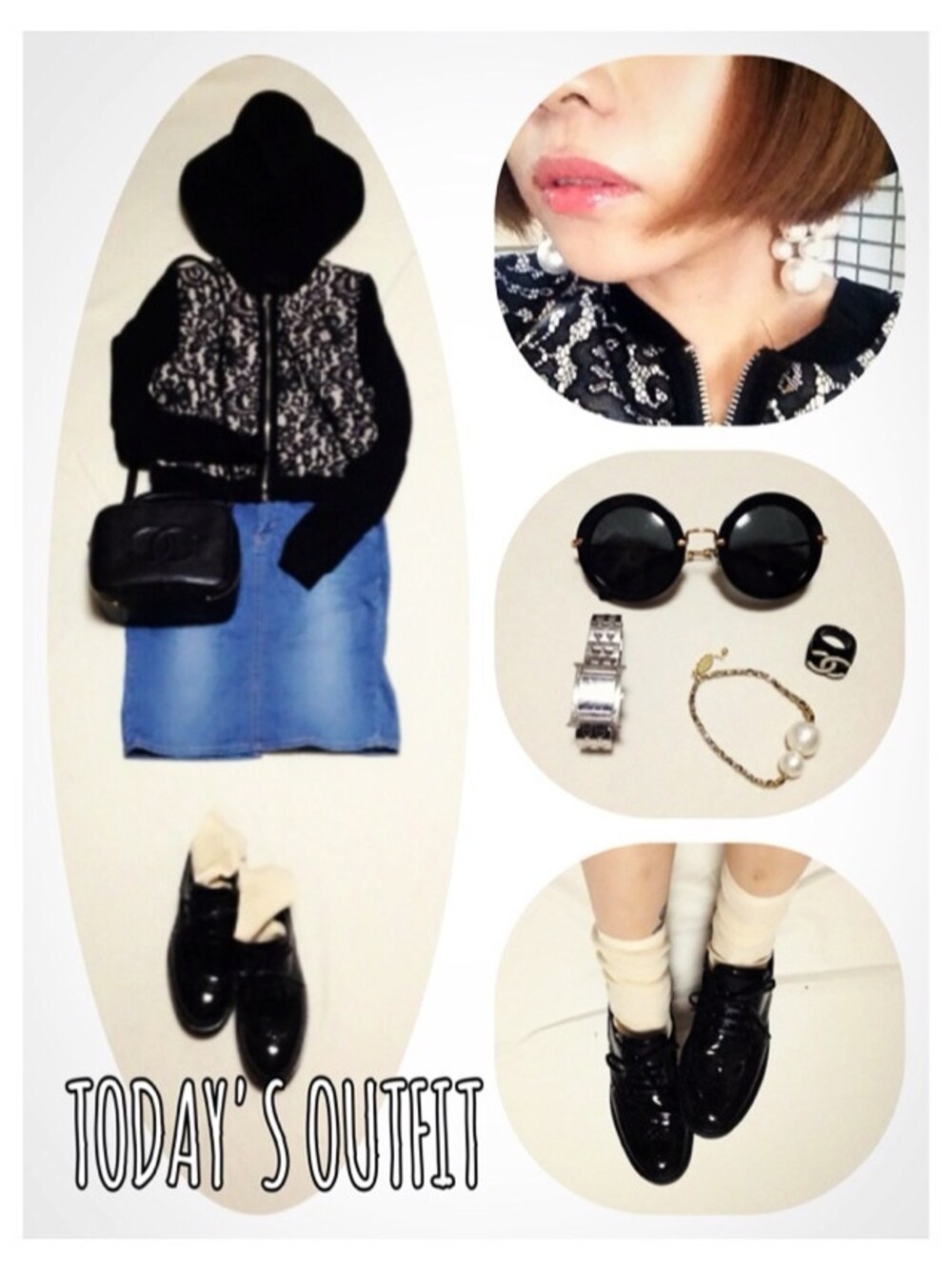 「ブルゾン、レース、花柄、デニム、デニムスカート、ソックス、ツバ広ハット、ハット、vintage CHANEL、PRADA」｜「H&Mのアイテム（ブルゾン、ブラック系）」を使った、peeweeさん（レディース・149cm）の秋コーディネートの1枚目の写真