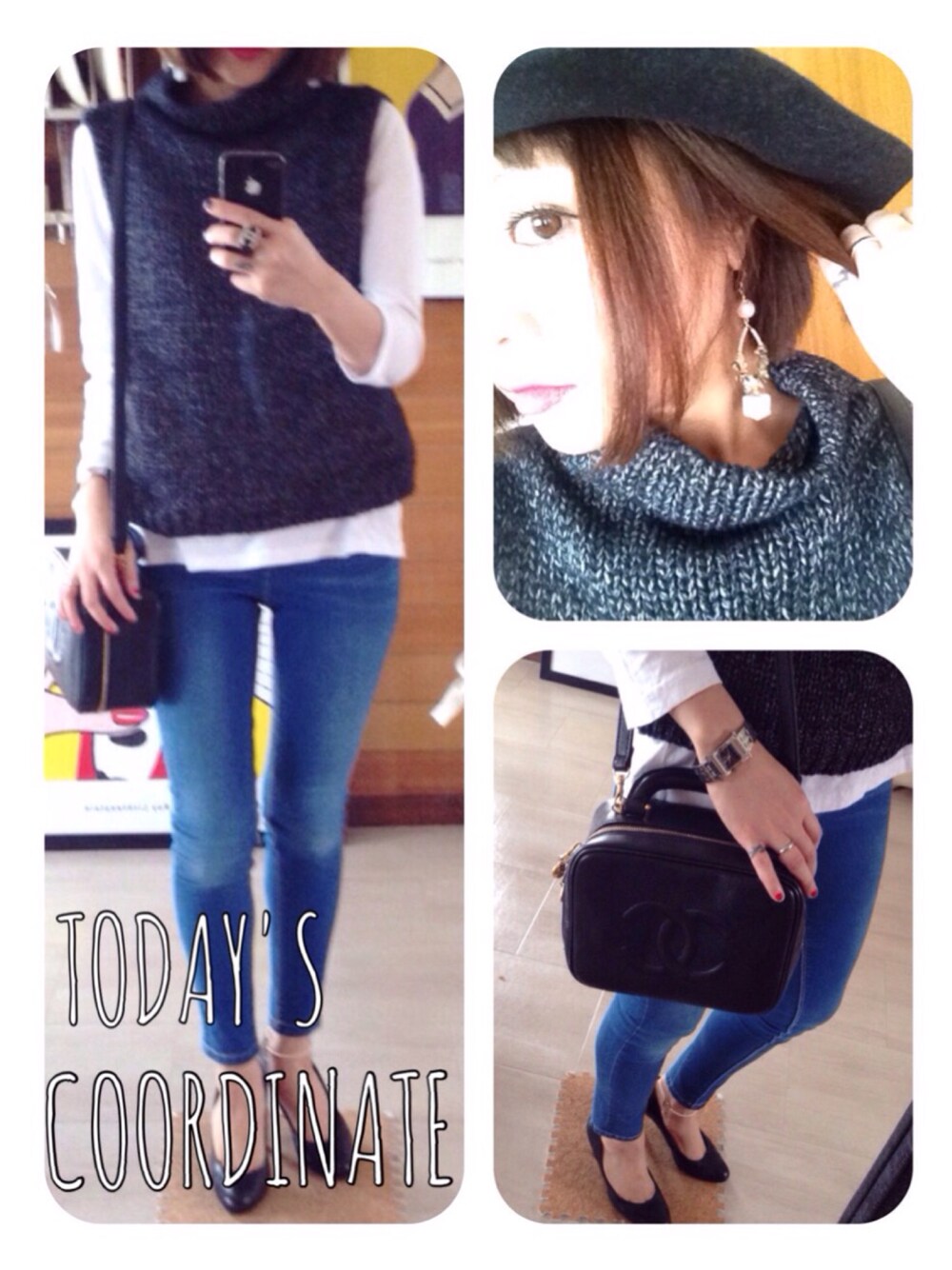 「ニット、ニットベスト、ベスト、重ね着、デニム、お出かけコーデ、vintageCHANEL、パンプス」｜「ZARAのアイテム（ニット/セーター、グレー系）」を使った、peeweeさん（レディース・149cm）の秋コーディネートの1枚目の写真