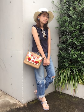 「アイテム（シューズ、ブルー系）」を使った、木野園子さん（レディース・160cm）の夏コーディネート