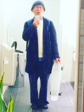 「パジャマ」｜「アイテム（チェスターコート）」を使った、maxiさん（メンズ・163cm）の冬コーディネート