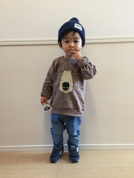 「Mini Rodini（ミニロディーニ）のアイテム（スウェット）」を使った、kanonさん（キッズ・90cm）の冬コーディネート