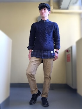 「ウールシャツ」｜「アイテム（ハンチング/ベレー帽）」を使った、Tomoさん（メンズ・174cm）の冬コーディネート