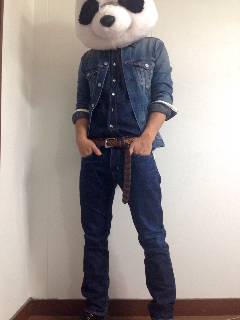「デニムシャツ、Denime、タックイン、全身デニム、デニムジャケット、デニム オン デニム、デニム同盟」｜「Denimeの【ZOZOTOWN別注】DENIM JKT 557type -USED model-（デニムジャケット、ブルー系）」を使った、3cさん（メンズ・167cm）の秋コーディネートの1枚目の写真