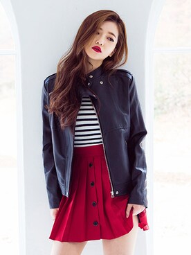 「chuu（チュー）のアイテム（ライダースジャケット）」を使った、mossbeanさん（レディース・165cm）の春コーディネート