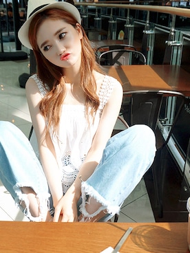 「chuu（チュー）のアイテム（トップス）」を使った、mossbeanさん（レディース・165cm）の夏コーディネート