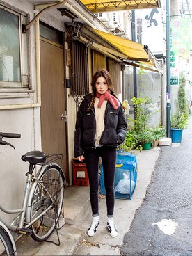 「chuu（チュー）のアイテム（その他アウター）」を使った、mossbeanさん（レディース・165cm）の秋コーディネート