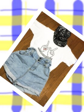 「アイテム（Tシャツ/カットソー、ホワイト系）」を使った、わたぽちさん（レディース・154cm）の夏コーディネート