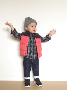 「アイテム（ベスト、レッド系）」を使った、yota*さん（キッズ・90cm）の秋コーディネート