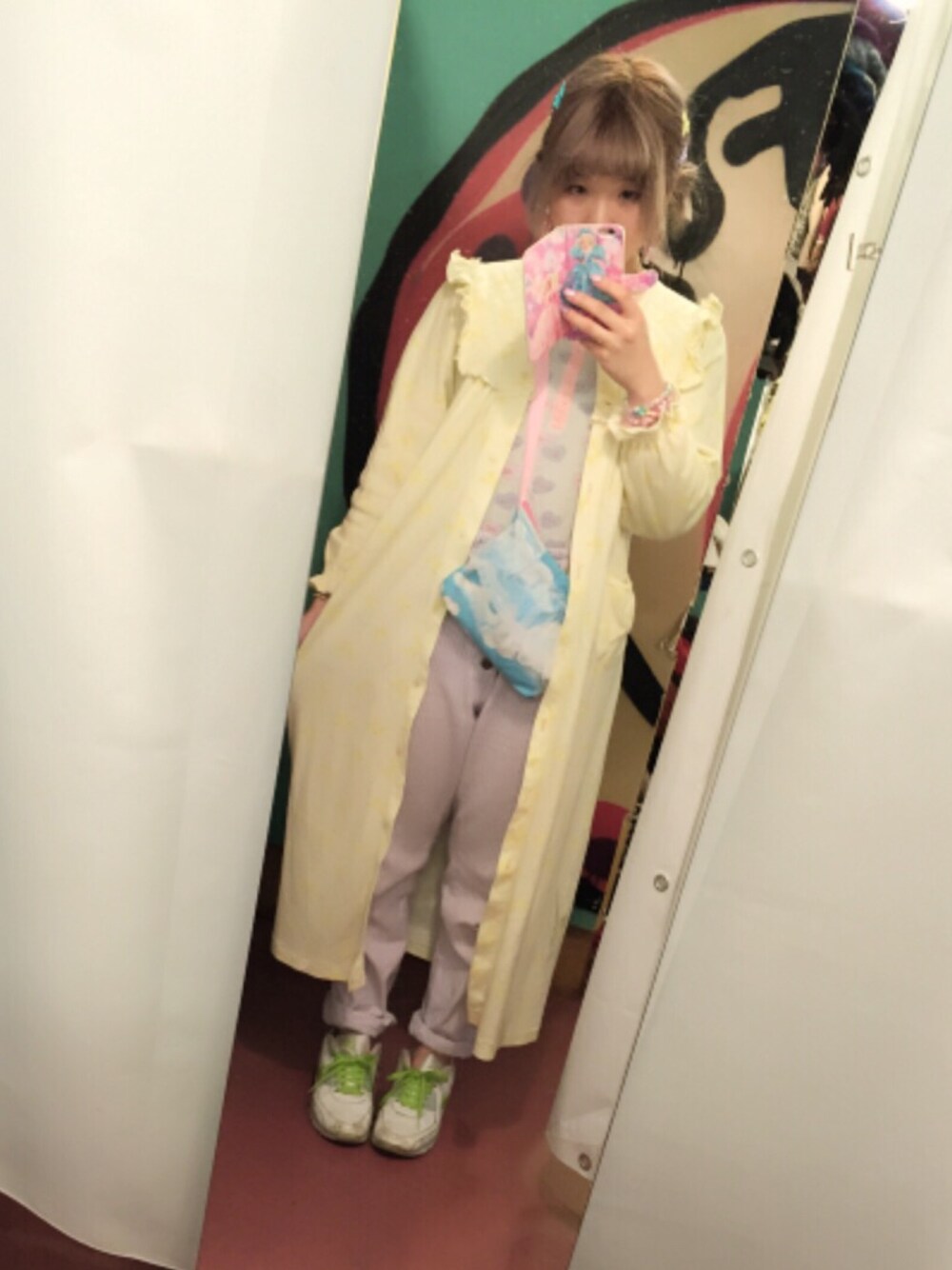「パステルカラー、パジャマ、fancy、used、古着、おやすみなさい、NEWYORKJOE」｜「きんぐの手作りのアイテム（バッグ、ブルー系）」を使った、なつきんぐさん（レディース・157cm）の秋コーディネートの1枚目の写真