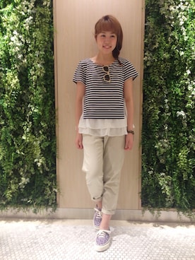 「Rinajour（リナジュール）のRinajour(リナジュール)　チノロングパンツ (243)（その他パンツ、ベージュ系）」を使った、sakakiさん（レディース・158cm）の夏コーディネート