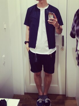 「BEAMS（ビームス）のアイテム（Tシャツ/カットソー、ホワイト系）」を使った、Tさん（メンズ・188cm）の夏コーディネート