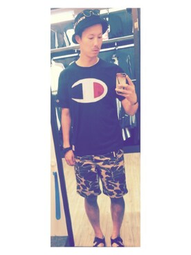 「Champion（チャンピオン）のアイテム（Tシャツ/カットソー、その他）」を使った、Tさん（メンズ・188cm）の夏コーディネート