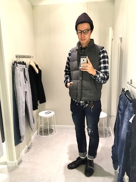 「URBAN RESEARCH（アーバンリサーチ）のアイテム（ダウンベスト、グレー系）」を使った、Tさん（メンズ・188cm）の秋コーディネート
