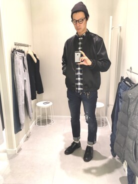 「H&M（エイチ・アンド・エム）のアイテム（ブルゾン、ブラック系）」を使った、Tさん（メンズ・188cm）の秋コーディネート