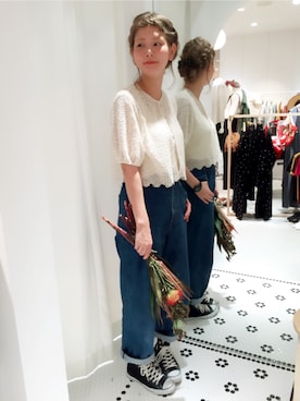 「Dot＆Stripes CHILD WOMAN（ドットアンドストライプス　チャイルドウーマン）のケミカルレース　羽織ブラウス（シャツ/ブラウス、ホワイト系）」を使った、yumaさん（レディース・161cm）の夏コーディネート