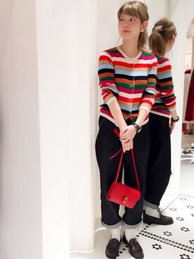 「CHILD WOMAN（チャイルドウーマン）のマルチボーダースナップ釦クルーカーディガン（ニット/セーター、その他）」を使った、yumaさん（レディース・161cm）の秋コーディネート