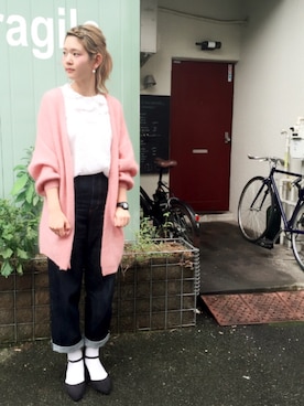 「Dot＆Stripes CHILD WOMAN（ドットアンドストライプス　チャイルドウーマン）のKIDﾓﾍｱ混          あぜミドルブイネックカーディガン（ニット/セーター、ピンク系）」を使った、yumaさん（レディース・161cm）の秋コーディネート