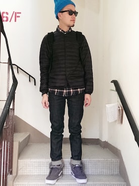 「plaid」｜「アイテム（ニットキャップ/ビーニー）」を使った、Paak Chanさん（メンズ・173cm）の冬コーディネート