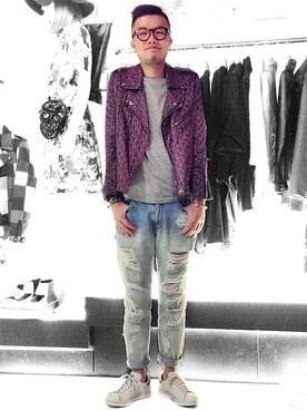 「アイテム（ライダースジャケット、パープル系）」を使った、Paak Chanさん（メンズ・173cm）の春コーディネート