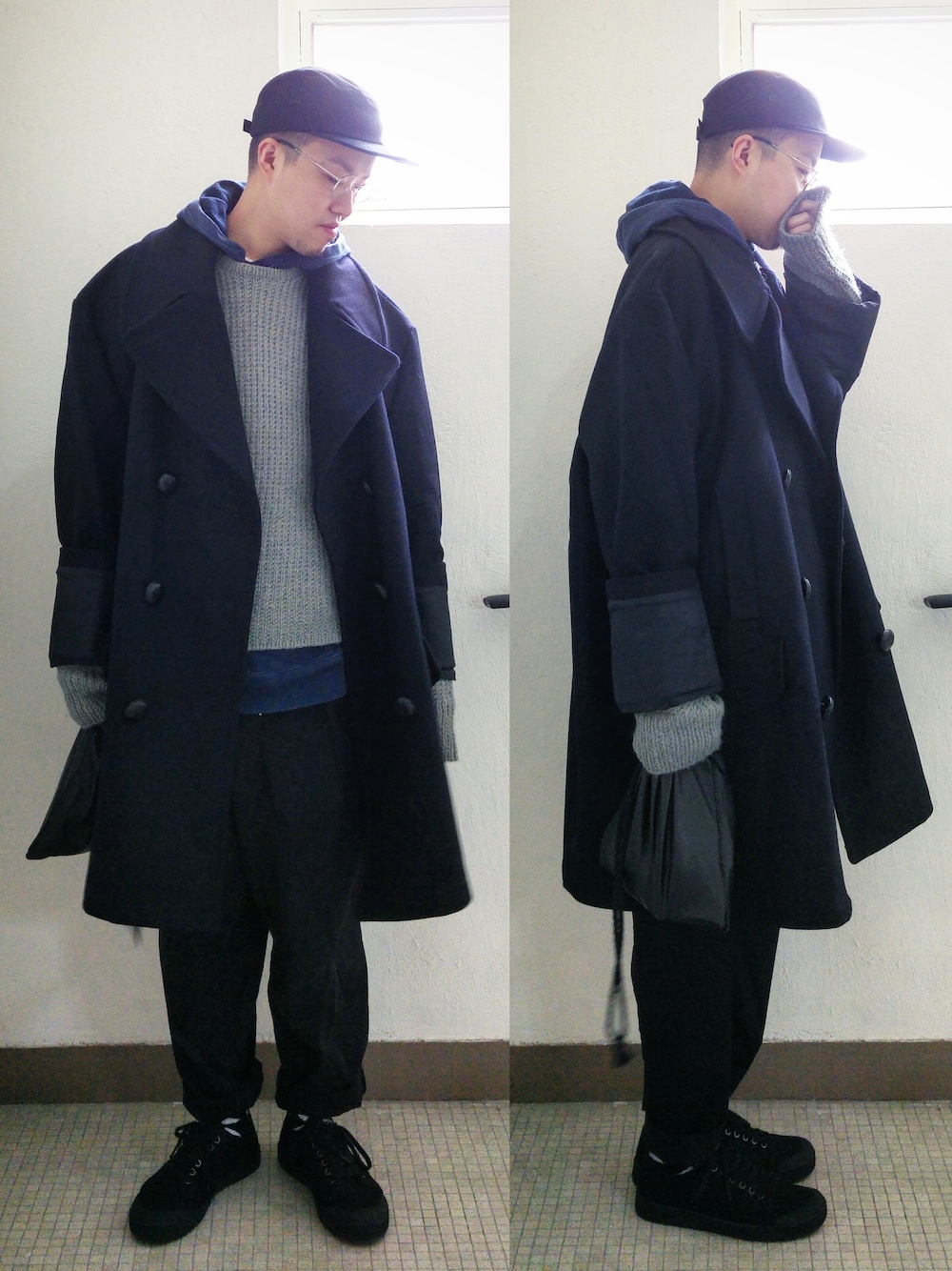 「hkboy、ootd、men's fashion、street style、oversize、mmm x h&m、menswear、fw1516、秋冬、rainy」｜「Maison Margielaのアイテム（ピーコート、ブルー系）」を使った、Paak Chanさん（メンズ・172cm）の冬コーディネートの1枚目の写真