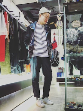 「アイテム（マウンテンパーカー、ブルー系）」を使った、Paak Chanさん（メンズ・172cm）の春コーディネート