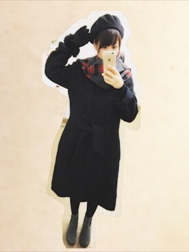 「チェックマフラー」｜「アイテム（ハンチング/ベレー帽）」を使った、かほさん（レディース・159cm）の秋コーディネート