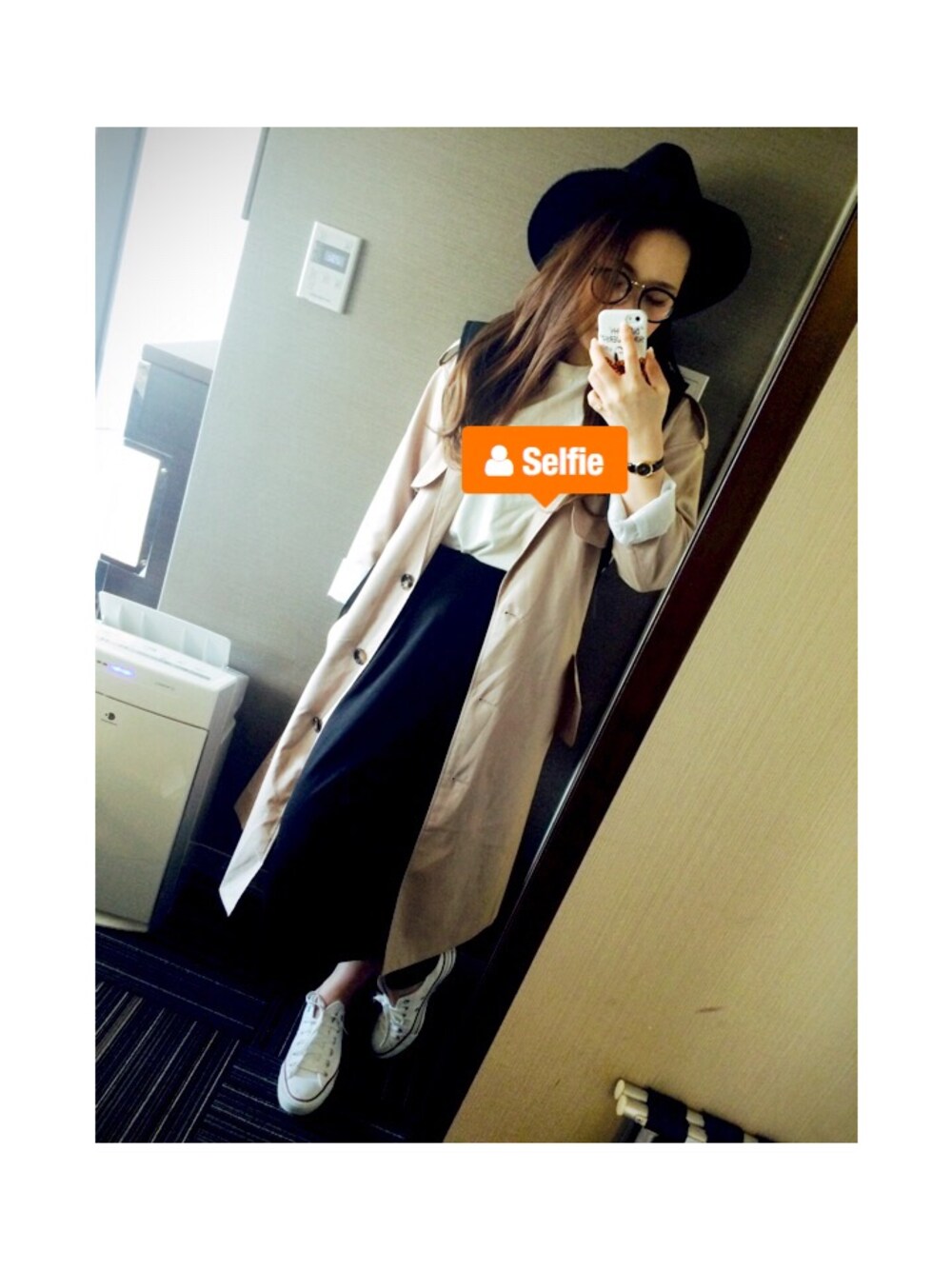 「トレンチコート、ガウチョパンツ、ハット、サングラス、スニーカー、コンバース、WEARママ部」｜「jouetieのアイテム（トレンチコート、ベージュ系）」を使った、Jさん（メンズ・152cm）の春コーディネートの1枚目の写真