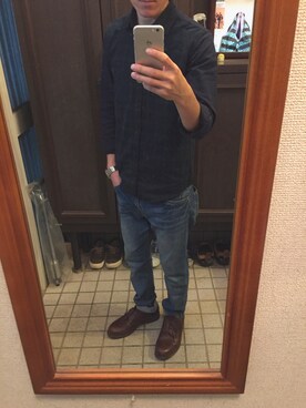 「STUDIOUS（ステュディオス）のアイテム（モカシン/デッキシューズ）」を使った、かとちんさん（メンズ・165cm）の秋コーディネート