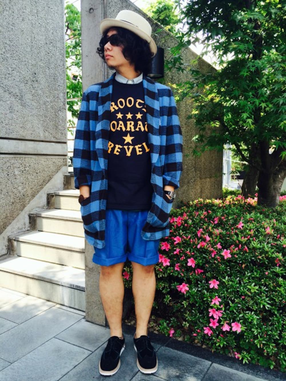 「麦わら帽子、ギンガムチェックシャツ、春のレジャースタイル」｜「DOARATのSHAWL COLLAR CHECK JACKET（テーラードジャケット、ブルー系）」を使った、Shu Sasakiさん（メンズ・180cm）の春コーディネートの1枚目の写真