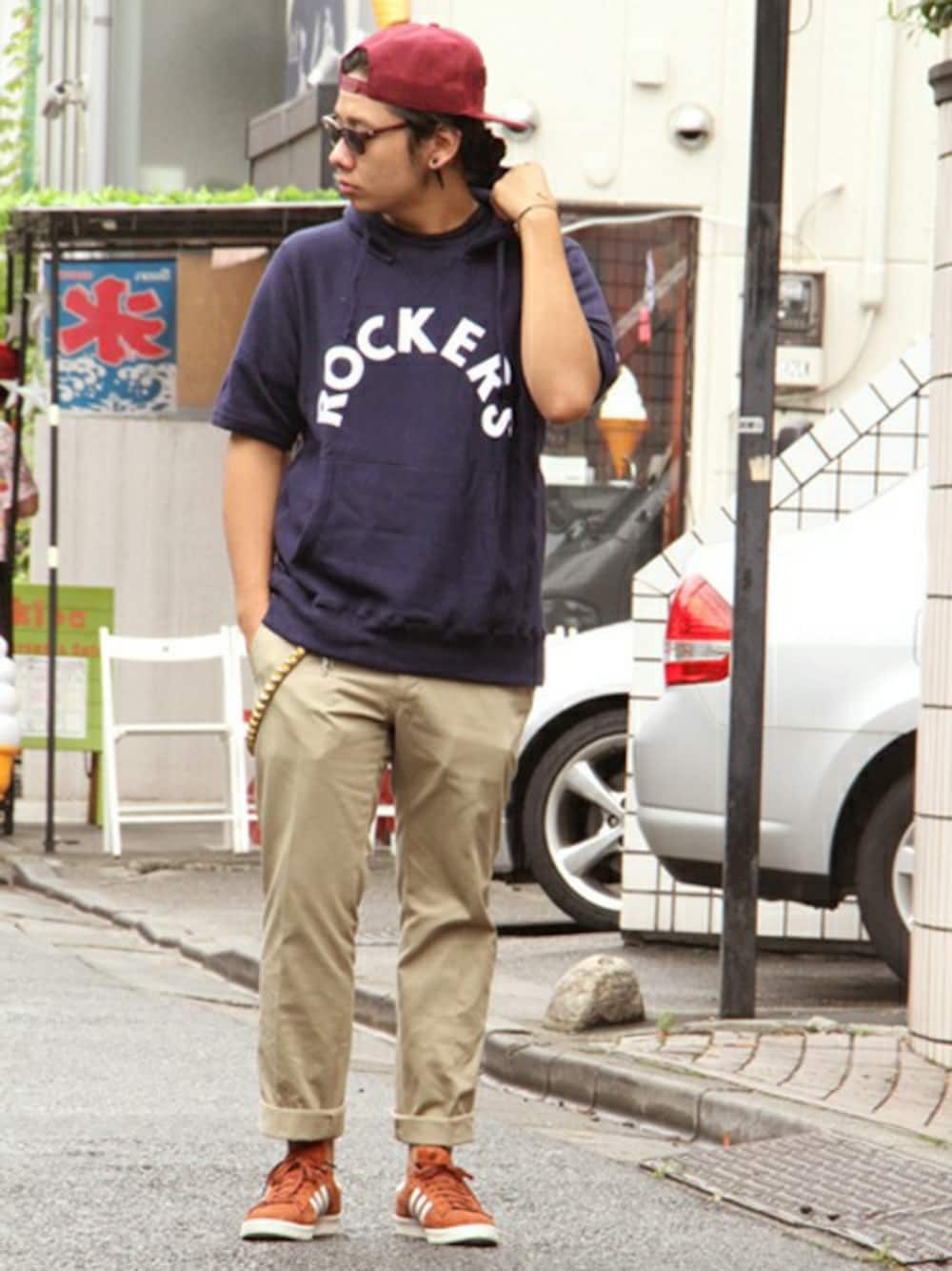 「DOARATのROCKERS SWEAT PARKA（パーカー、ブルー系）」を使った、Shu Sasakiさん（メンズ・180cm）の夏コーディネートの1枚目の写真