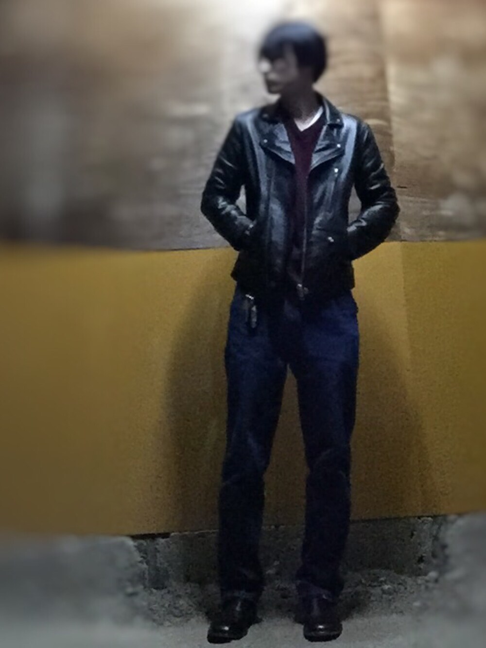 「古着、tambourine、Wrangler、vintage、ライダース、カシミア、デニムパンツ、レザーシューズ、今年もよろしくお願いします、ラフ」｜「Tambourineのアイテム（ライダースジャケット、ブラック系）」を使った、ジマさん（メンズ・177cm）の冬コーディネートの1枚目の写真