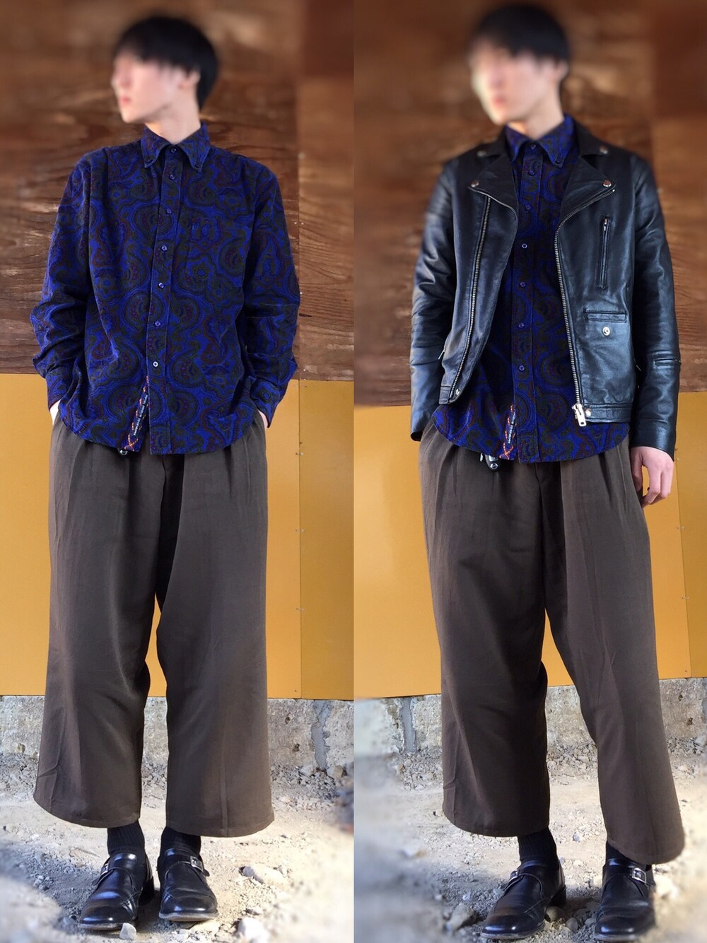 「古着、シンプル、シャツ、スラックス、ライダース、レザーシューズ、ブラック、ブルー、ブラウン、tambourine」｜「VINTAGEのアイテム（シャツ/ブラウス、ブルー系）」を使った、ジマさん（メンズ・177cm）の冬コーディネートの1枚目の写真